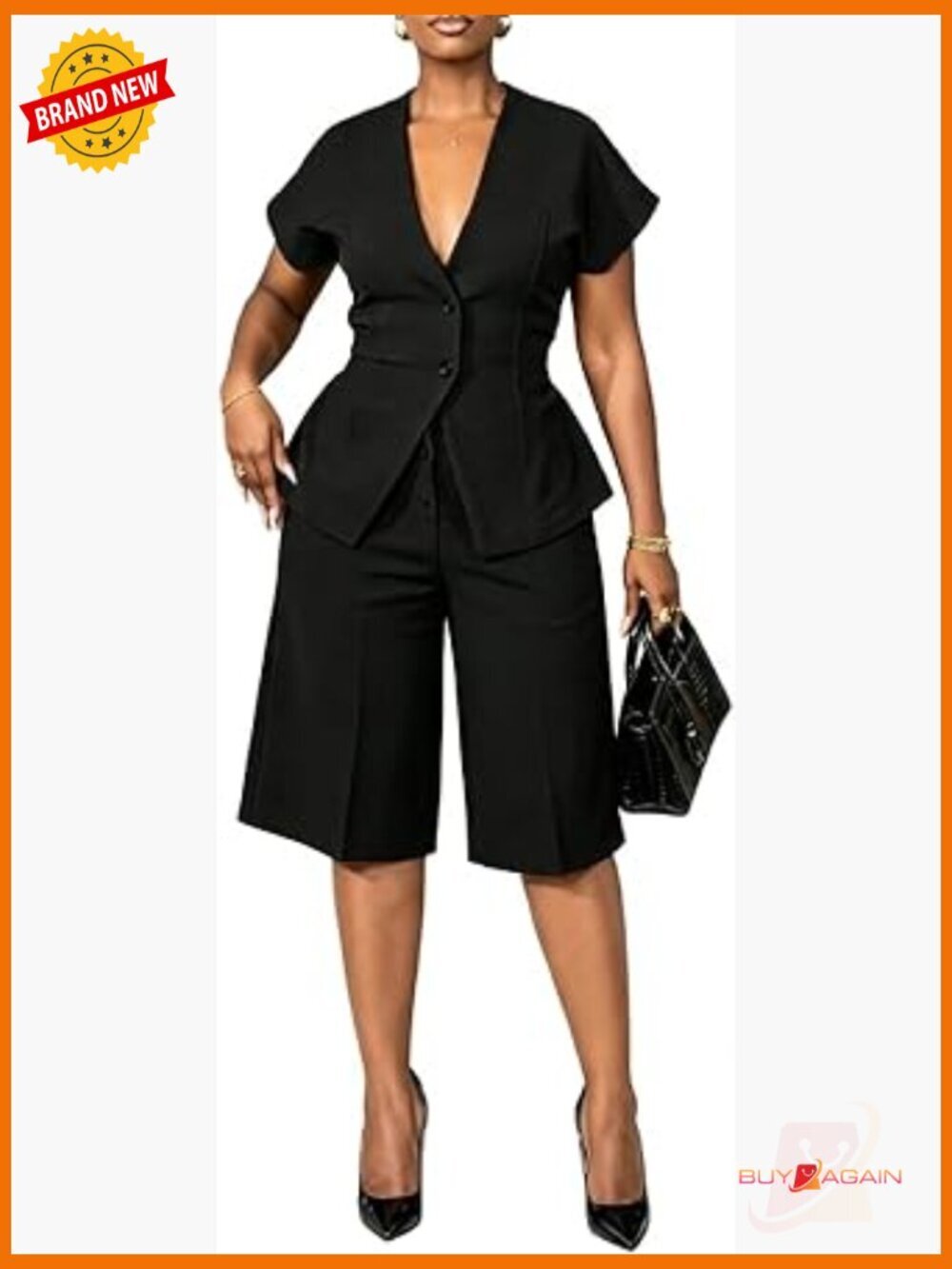 Women 2 Piece Matching Shorts Suit Set Blazer & Pants Business Casual